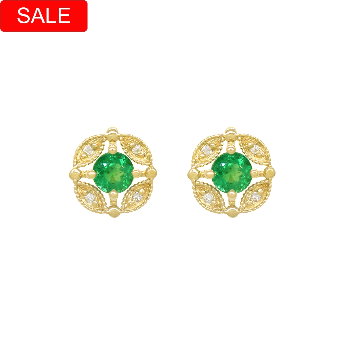 18K gold emerald and diamond stud earrings with 0.50 carats total weight in 2 round cut real natural emeralds and 0.04 carats total weight in 8 round cut genuine diamonds