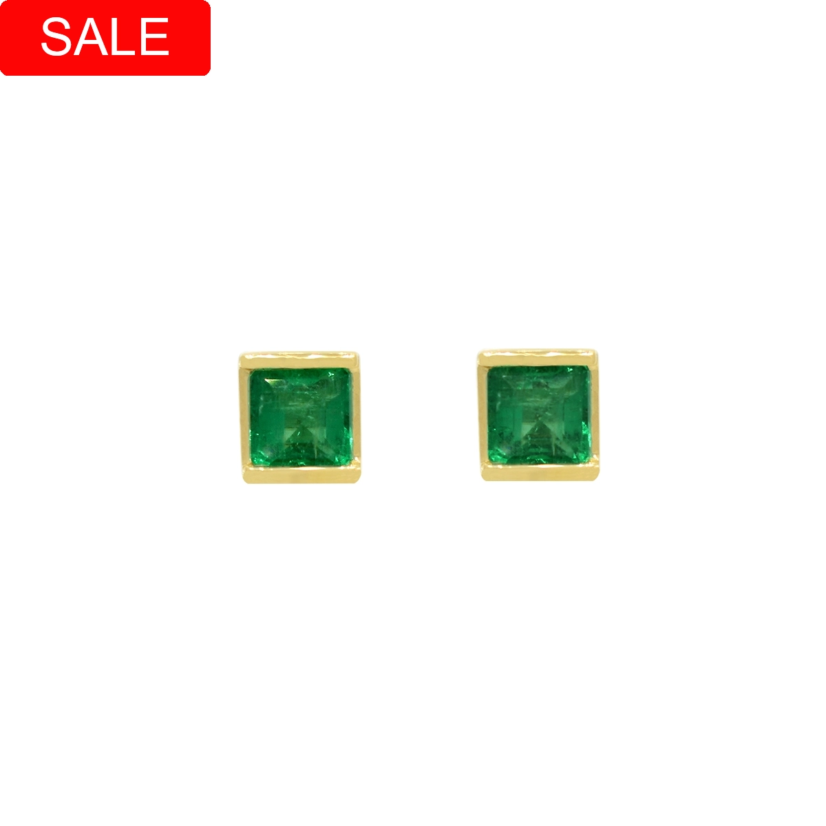 Emerald stud earrings with 2 emerald-cut natural Colombian emeralds in 0.70 Ct. t.w. set in solid 18K yellow gold