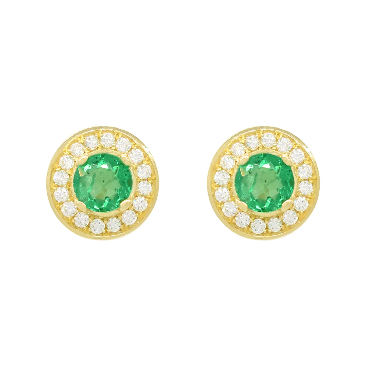 18K Yellow Gold Round Emerald and Diamond Stud Earrings