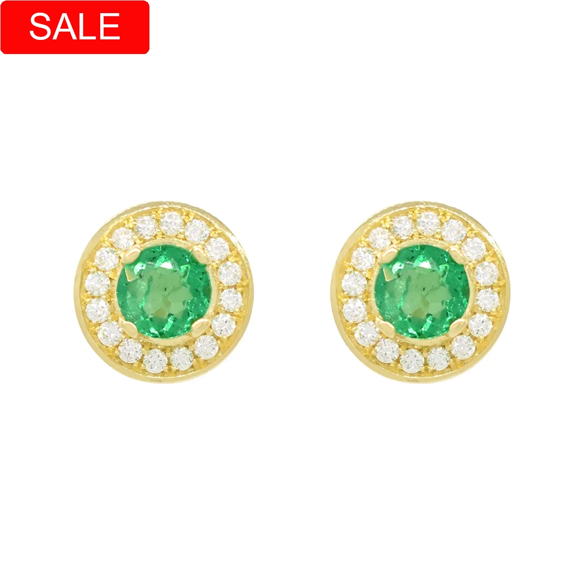 18K Yellow Gold Emerald and Diamond Stud Earrings in Micro Pave Setting