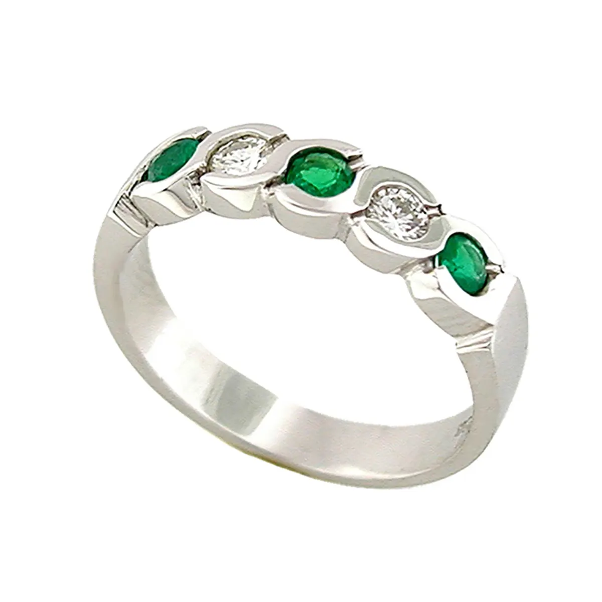 emerald-and-diamond-half-eternity-wedding-band-in-18k-white-gold-bezel-setting