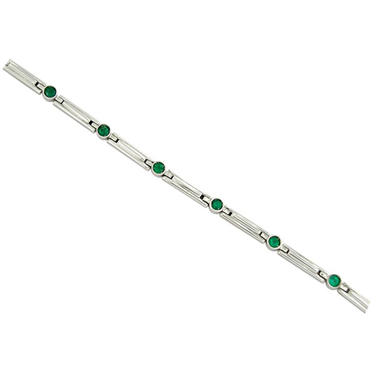 18K white gold emerald bracelet with 9 round cut natural emeralds in dark green color in bezel setting jointed by long links