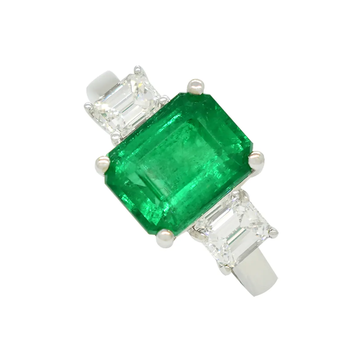 Emerald Ring in 18K White Gold With Emerald Cut Diamonds in 3 Stones Ring Style