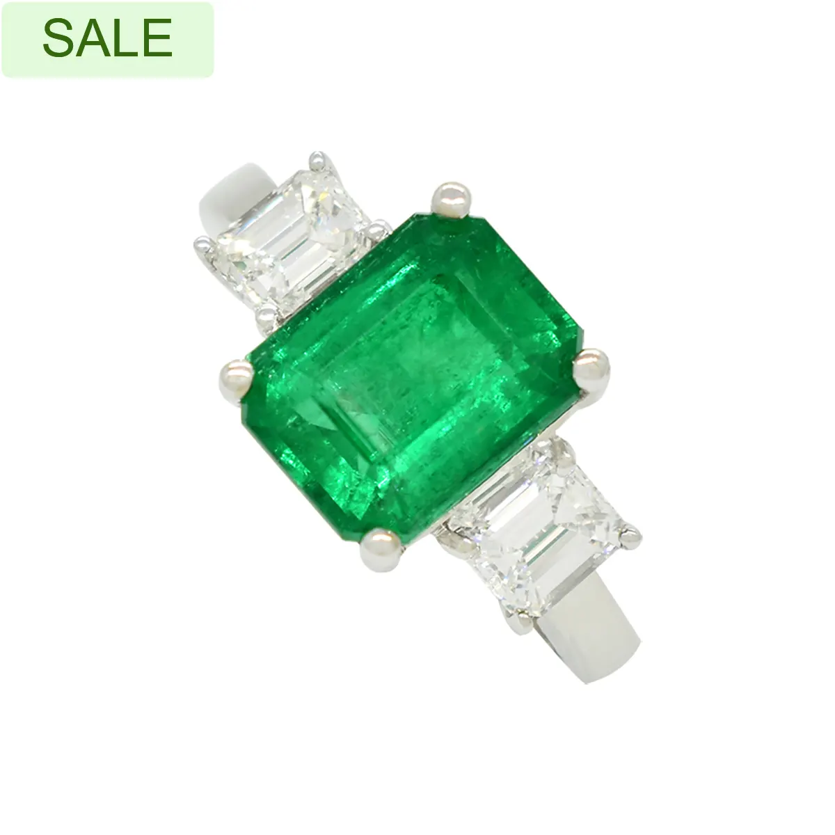 Emerald Ring in 18K White Gold With Emerald Cut Diamonds in 3 Stones Style