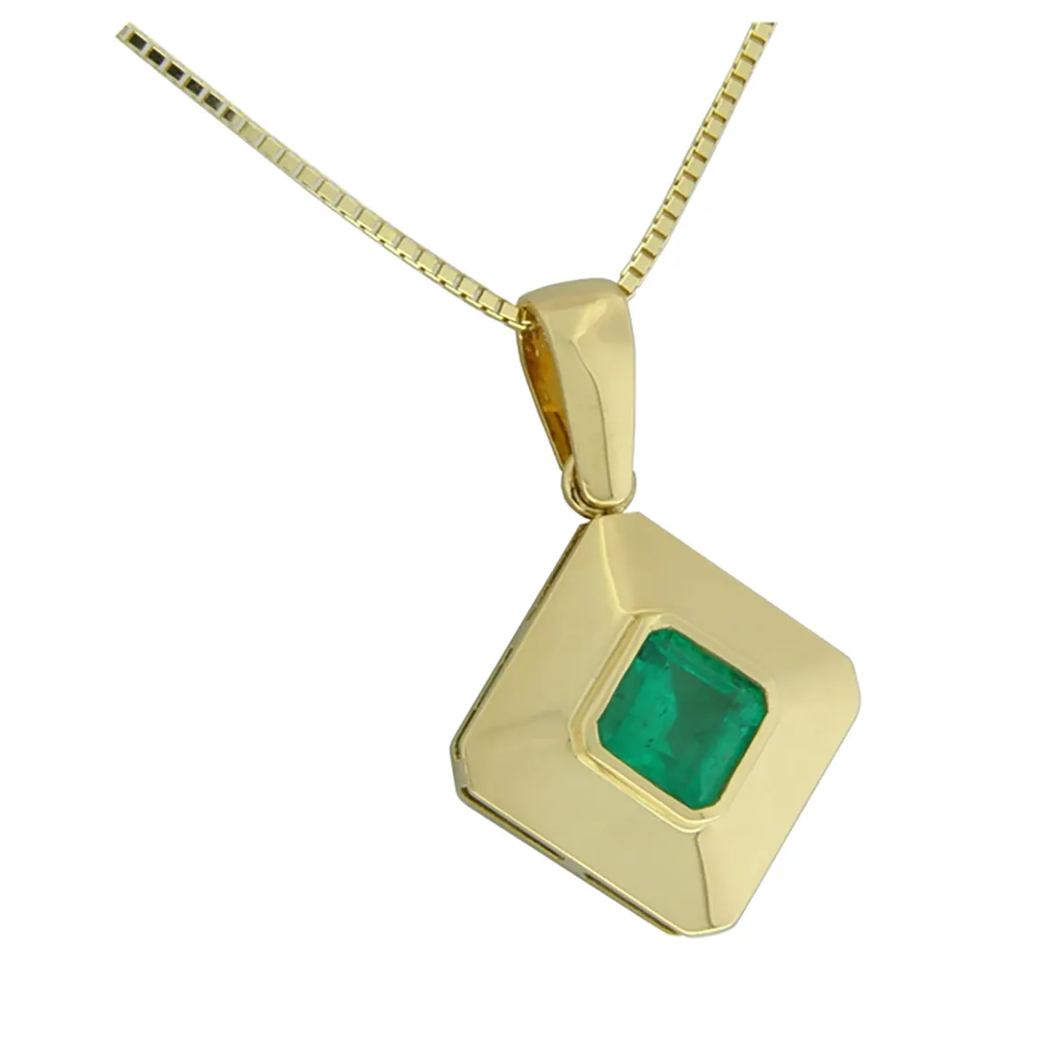 Unisex emerald pendant necklace with a square-shaped emerald cut emerald set in a high polish bezel setting solid gold rhombus form
