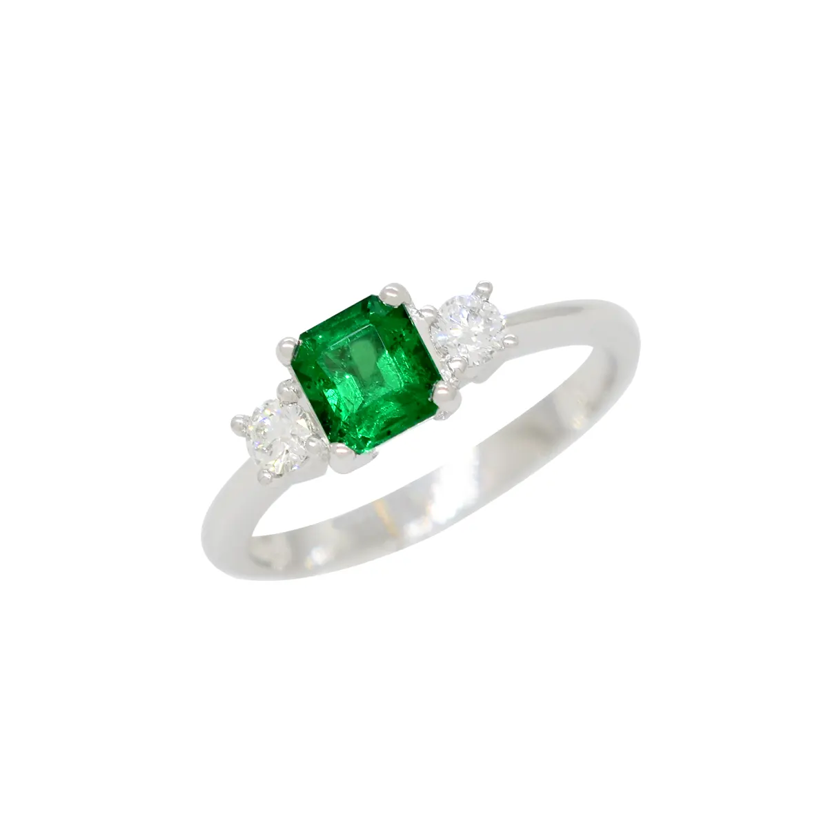 18K white gold emerald and diamond ring in 3 stones ring style with 0.60 square shape emerald-cut natural emerald and 2 round cut diamonds in 0.20 Ct. t.w.