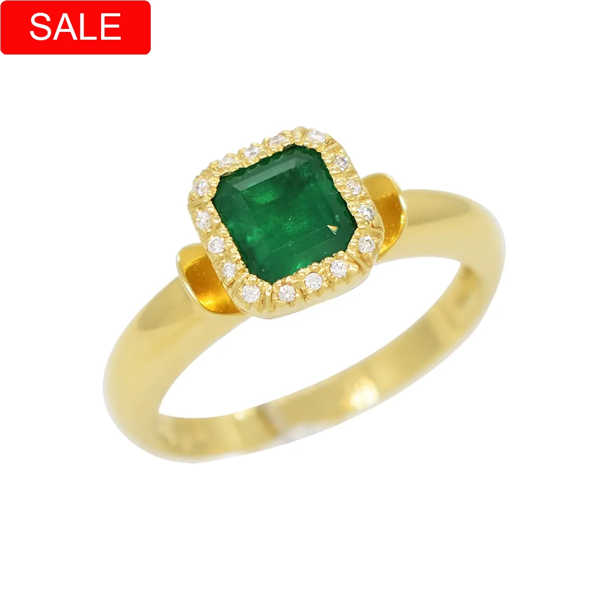 Emerald and diamond ring in 18K yellow gold with 1.29 Ct. genuine natural Colombian emerald surrounded by 16 white diamonds in 0.10 Ct. t.w.