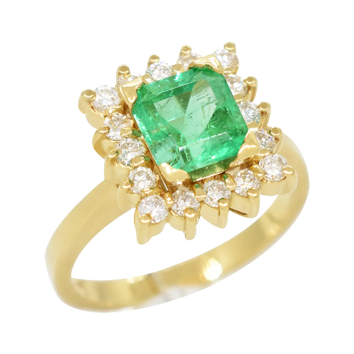 Emerald Cut Emerald Set in 18K Gold Ring With Diamond Halo in Cocktail Ring Style