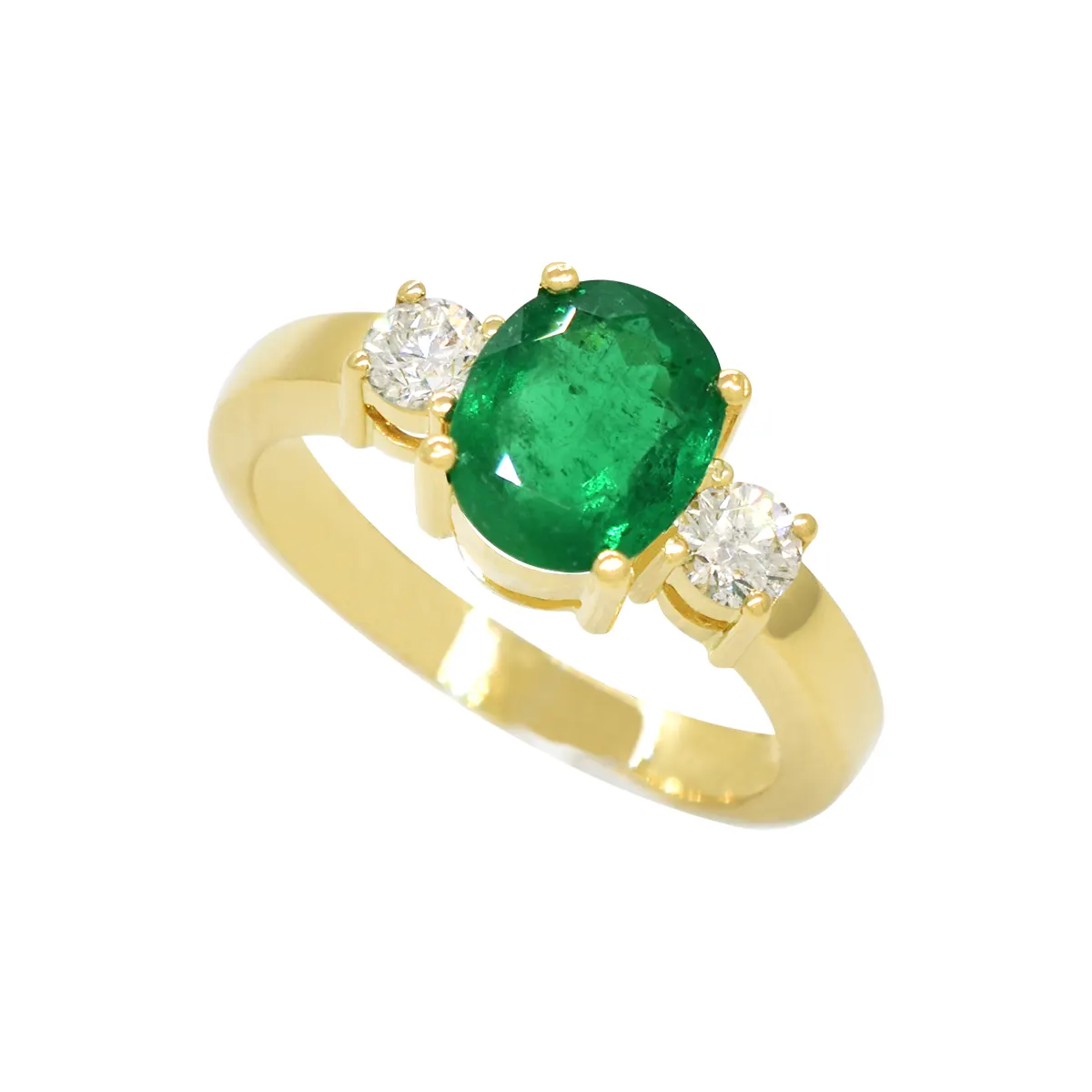 Oval Shape Emerald Ring with 2 Round Cut Diamonds in 3 Stones Design