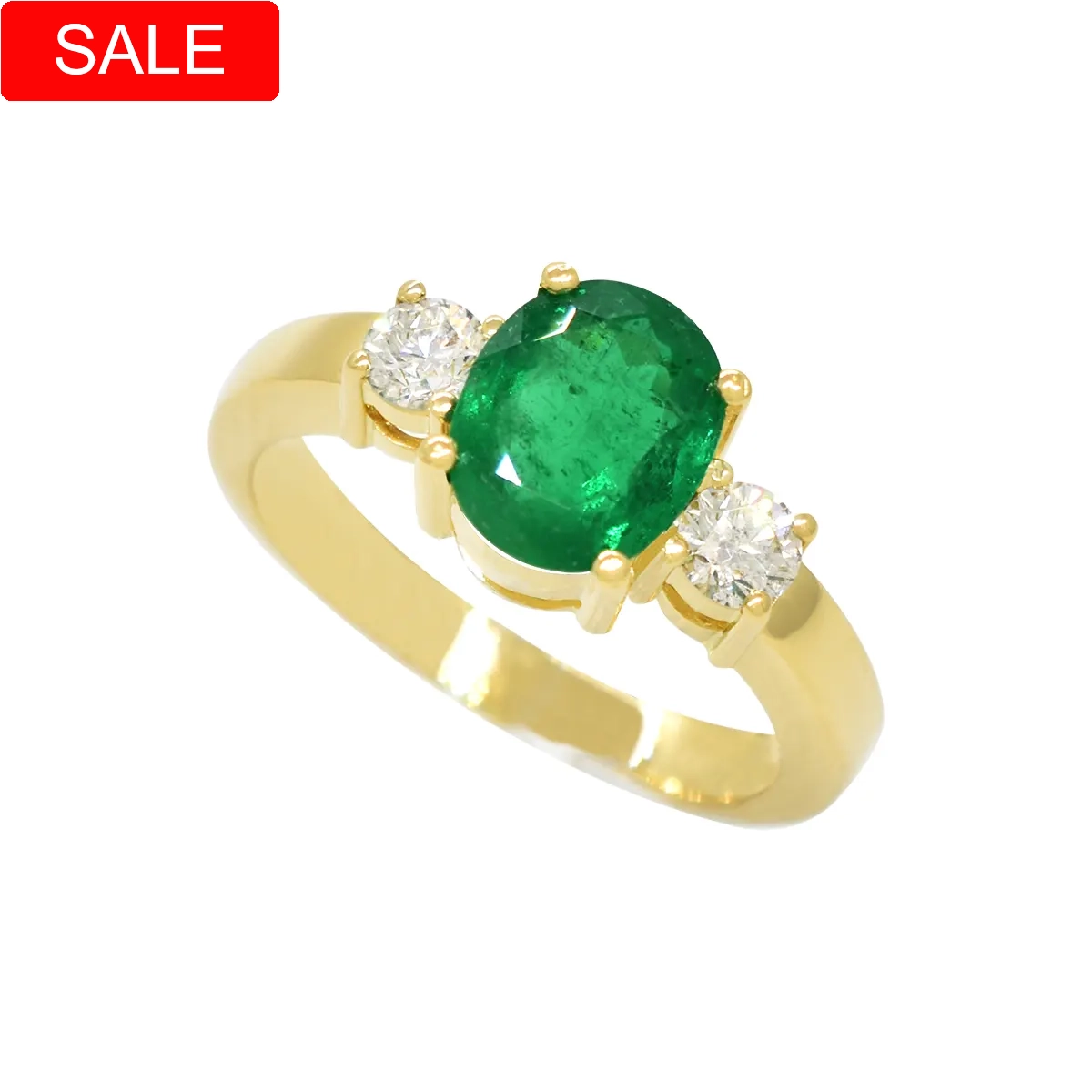 3 stones emerald and diamond ring in solid 18K yellow gold with 1.45 Ct. oval shape natural Colombian emerald and 0.30 Ct. t.w. in 2 round cut diamonds
