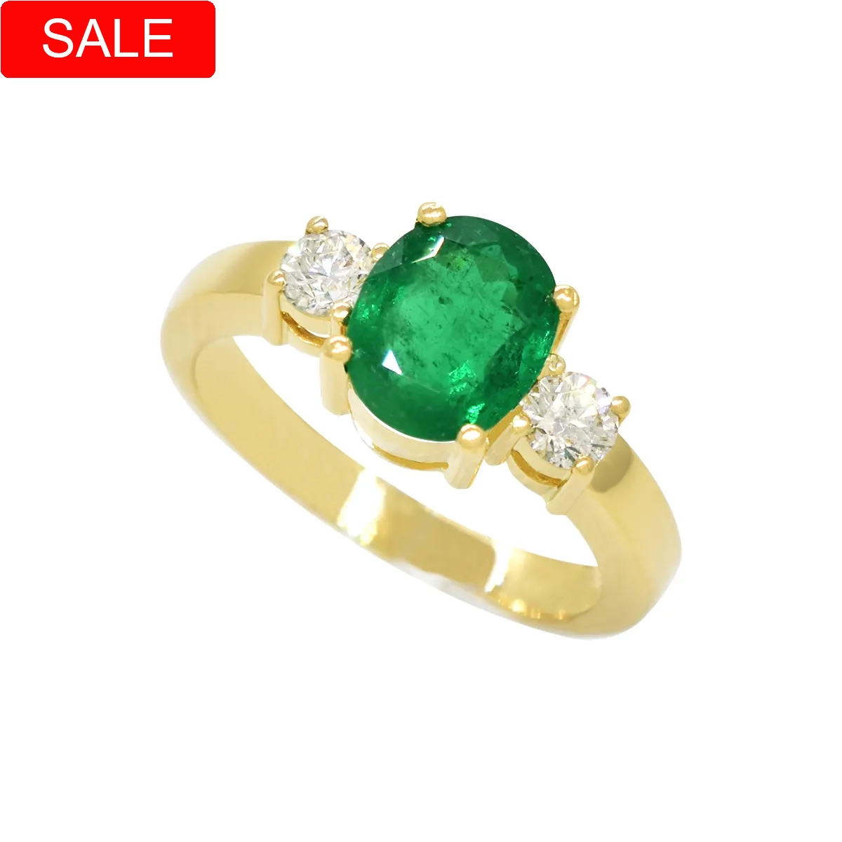 Oval Shape Emerald Ring with 2 Round Cut Diamonds in 3 Stones Design