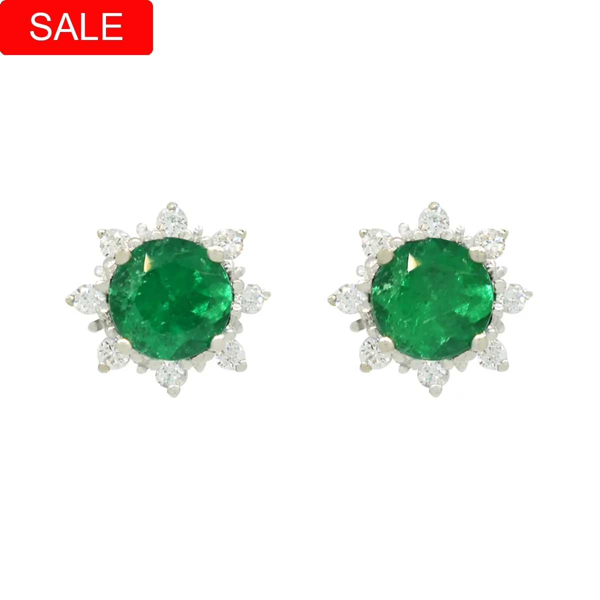 Emerald and diamond stud earrings custom made in 18K white gold with 0.73 Ct. t.w. in 2 round cut natural Colombian emeralds and 0.16 Ct. t.w. in 16 genuine diamonds