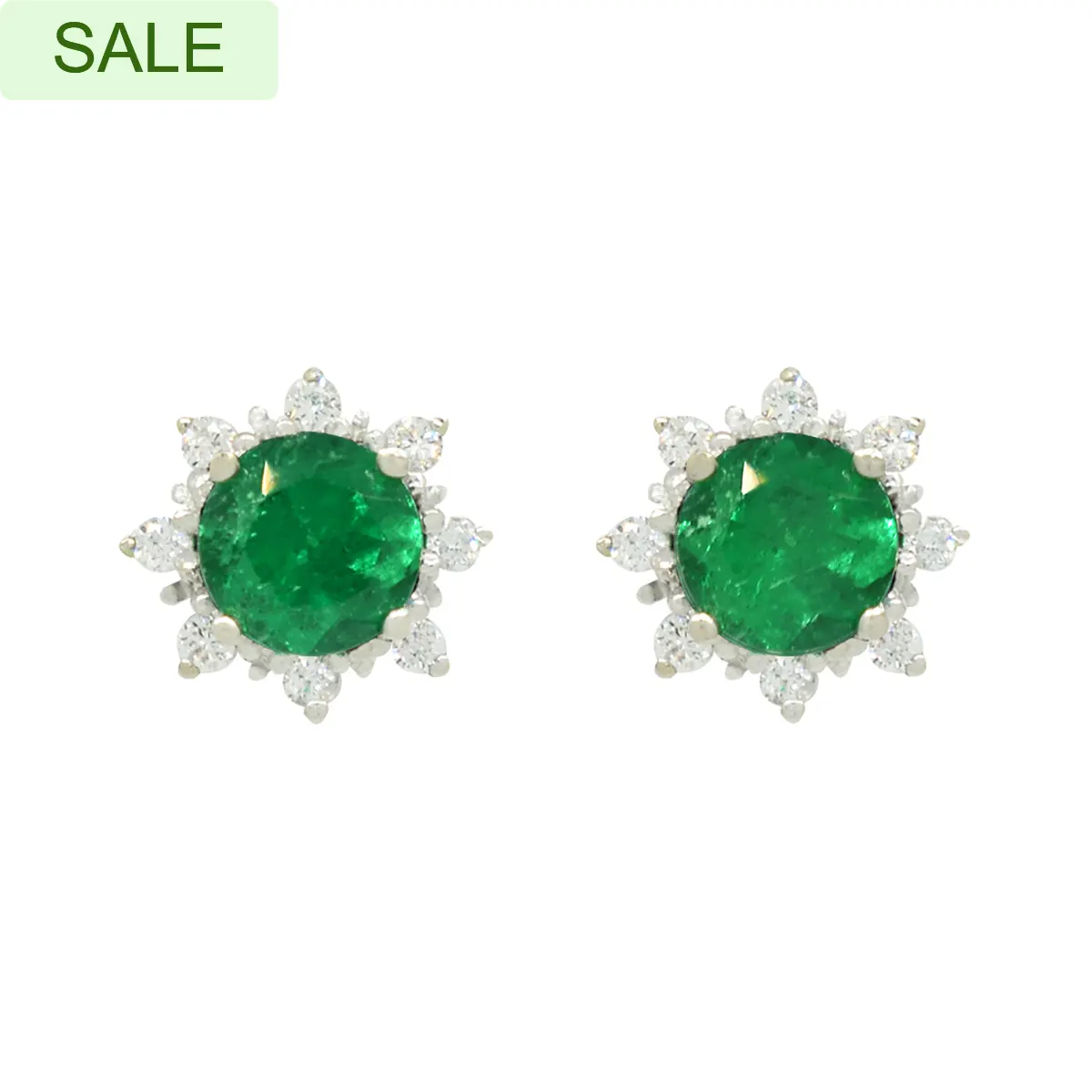Emerald and Diamond Stud Earrings in 18K White Gold Dark Green Emeralds and Diamond Halo