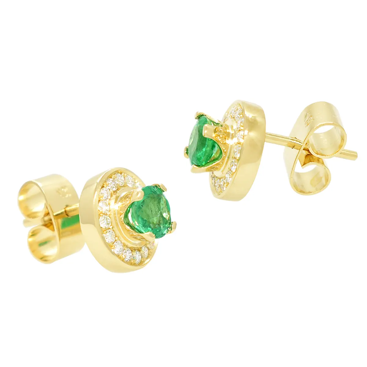 This entire set of emerald and diamond circular earrings are handcrafted especially for these 2 round-cut emeralds in 0.65 Ct. t.w. and 32 brilliant cut diamonds in 0.19 Ct. t.w.