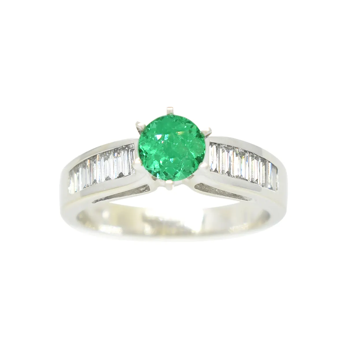 Emerald ring in 14K white gold with 0.66 Ct. round cut natural Colombian emerald and 12 baguette cut diamonds in 0.53 Ct. t.w.