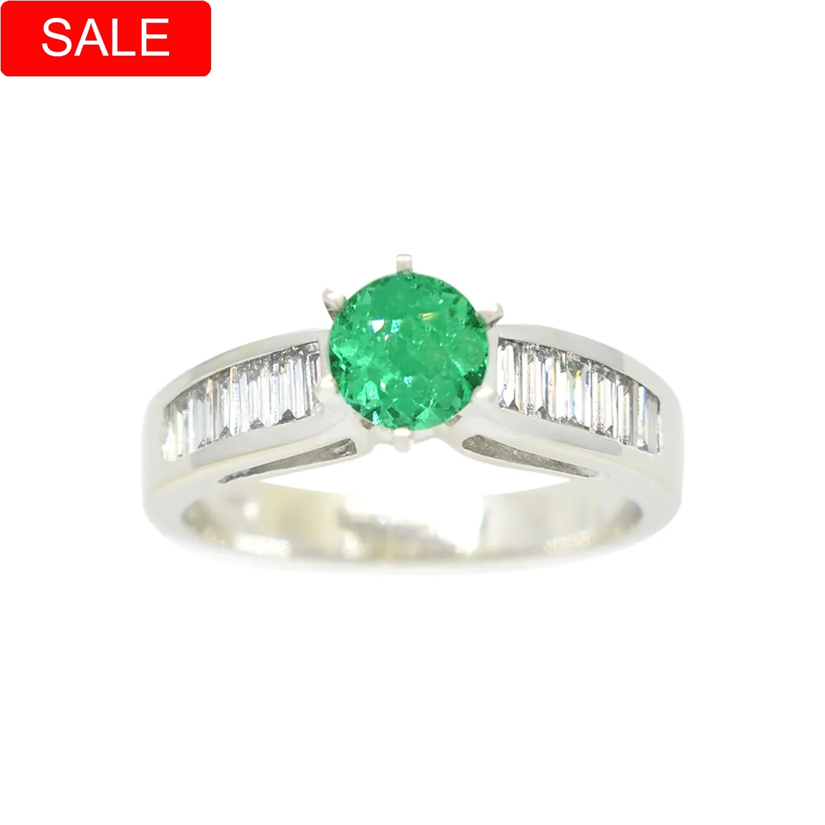 Emerald ring in 14K white gold with 0.66 Ct. round cut natural Colombian emerald and 12 baguette cut diamonds in 0.53 Ct. t.w.