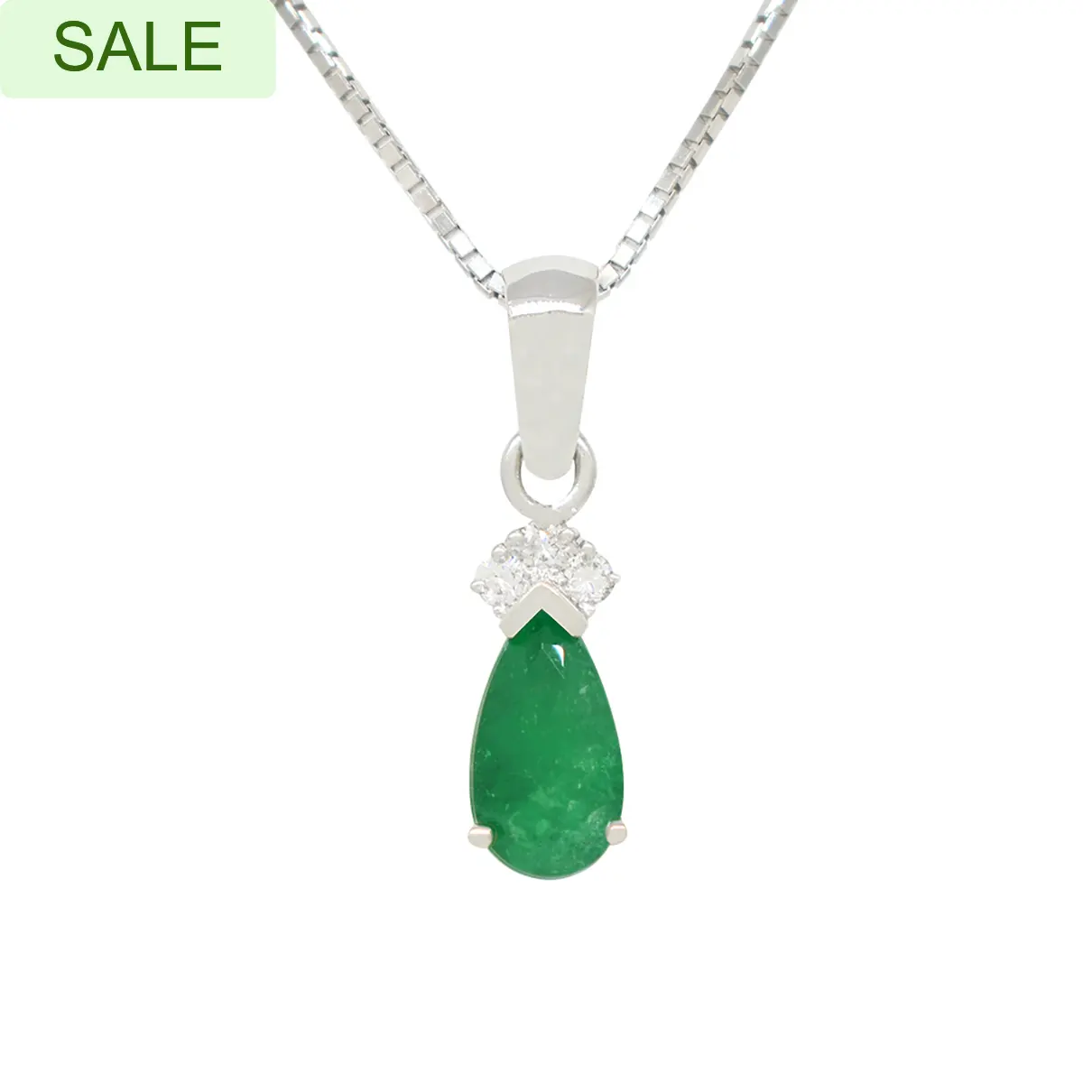 Teardrop Emerald and Diamond Pendant in 18K White Gold Prong Setting