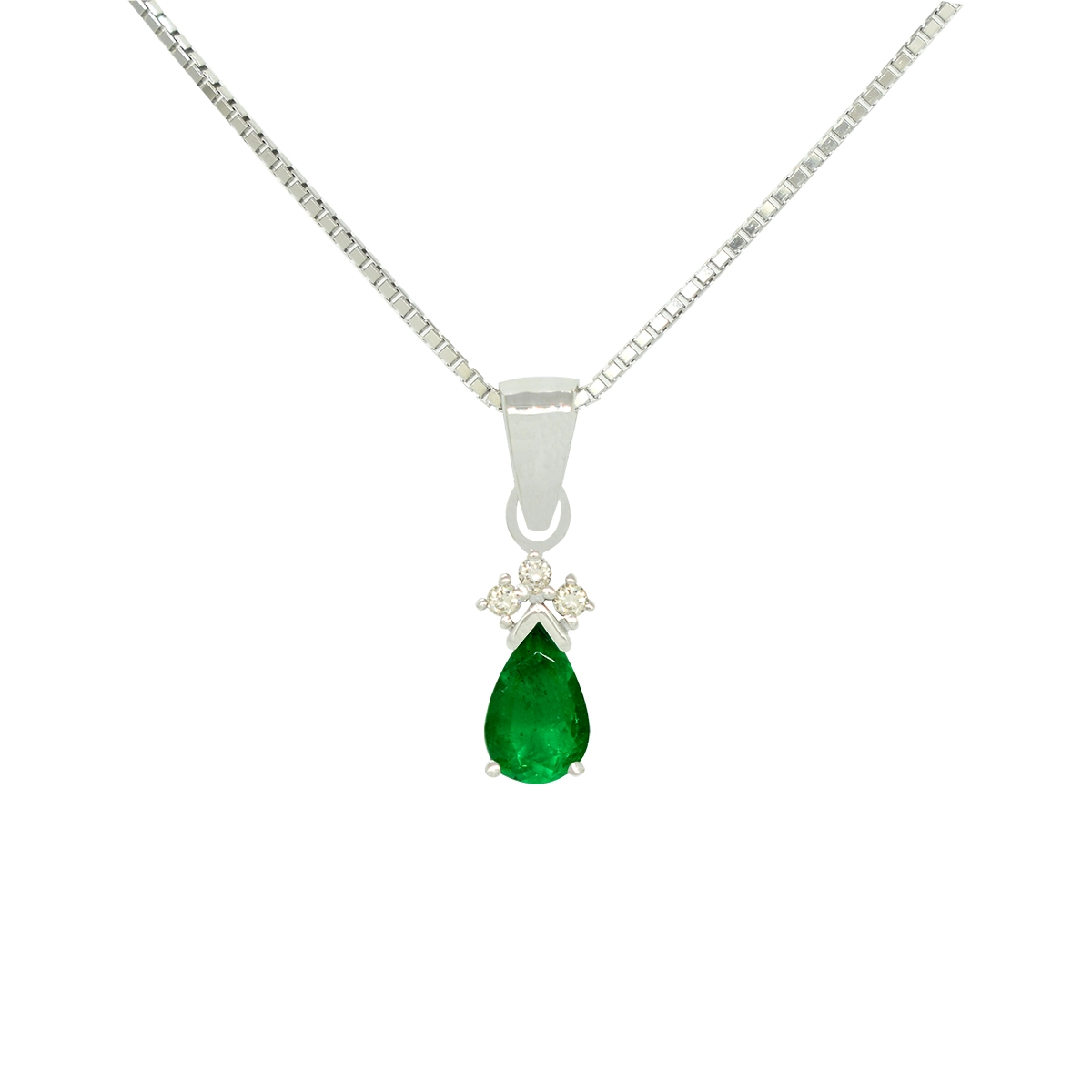 0.44 Ct. pear-shaped natural Colombian emerald set with 3 round cut genuine diamonds in 0.04 Ct. t.w. a custom-made small pendant necklace