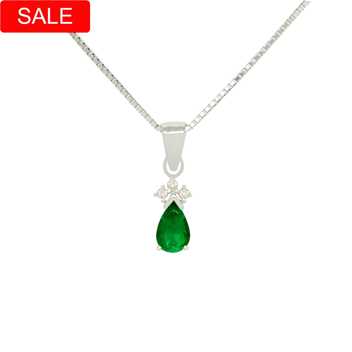 0.44 Ct. pear-shaped natural Colombian emerald set with 3 round cut genuine diamonds in 0.04 Ct. t.w. a custom-made small pendant necklace