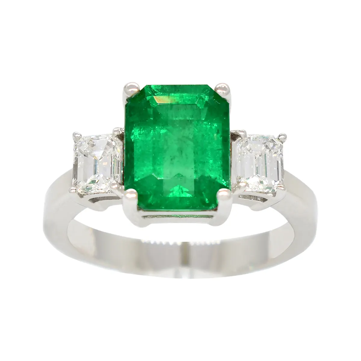 Emerald Ring in 18K White Gold With Emerald Cut Diamonds in 3 Stones Ring Style