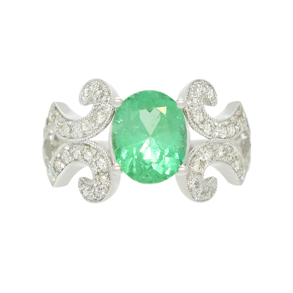 Stunning White Gold Emerald Ring with Oval Shape Genuine Emerald and 44 Round Diamonds