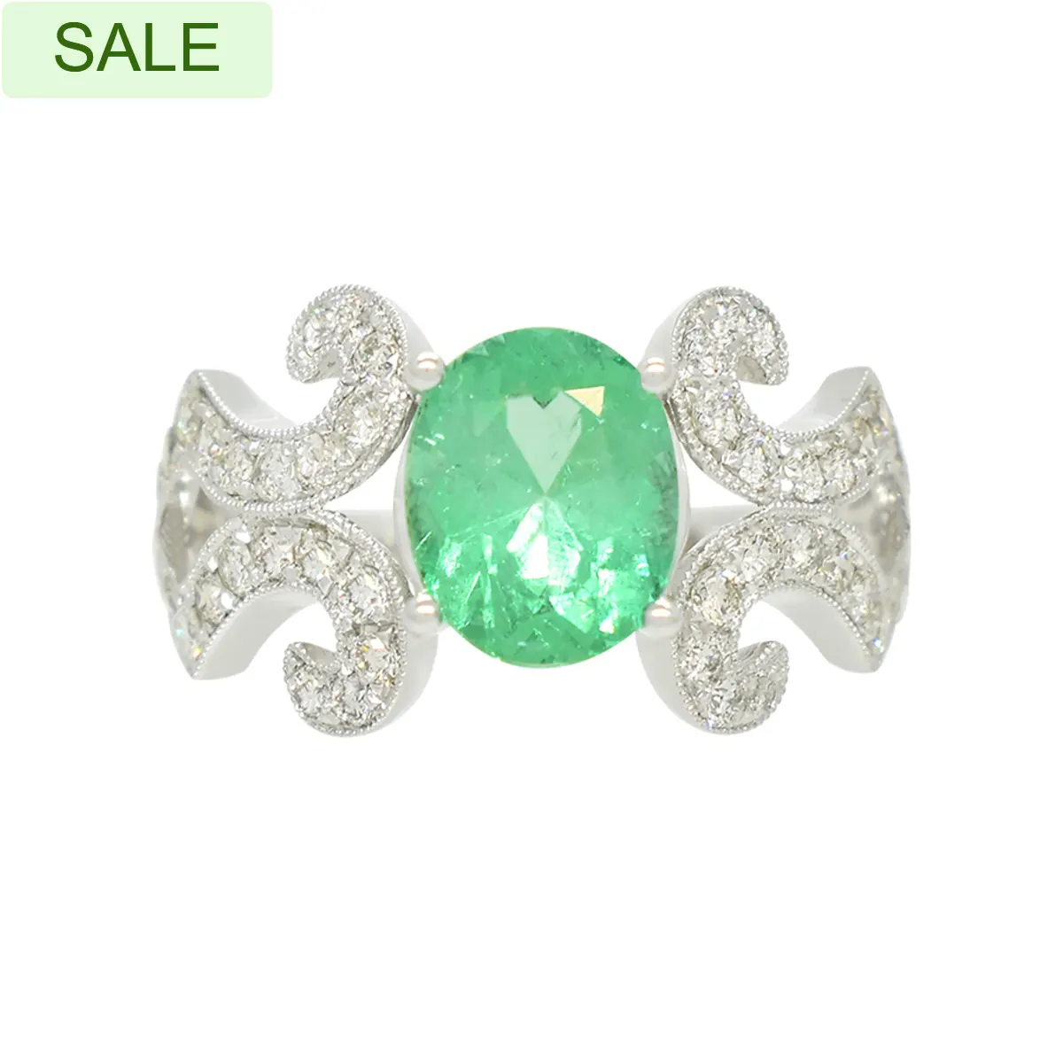 Stunning White Gold Emerald Ring with Oval Shape Genuine Emerald and 44 Round Diamonds