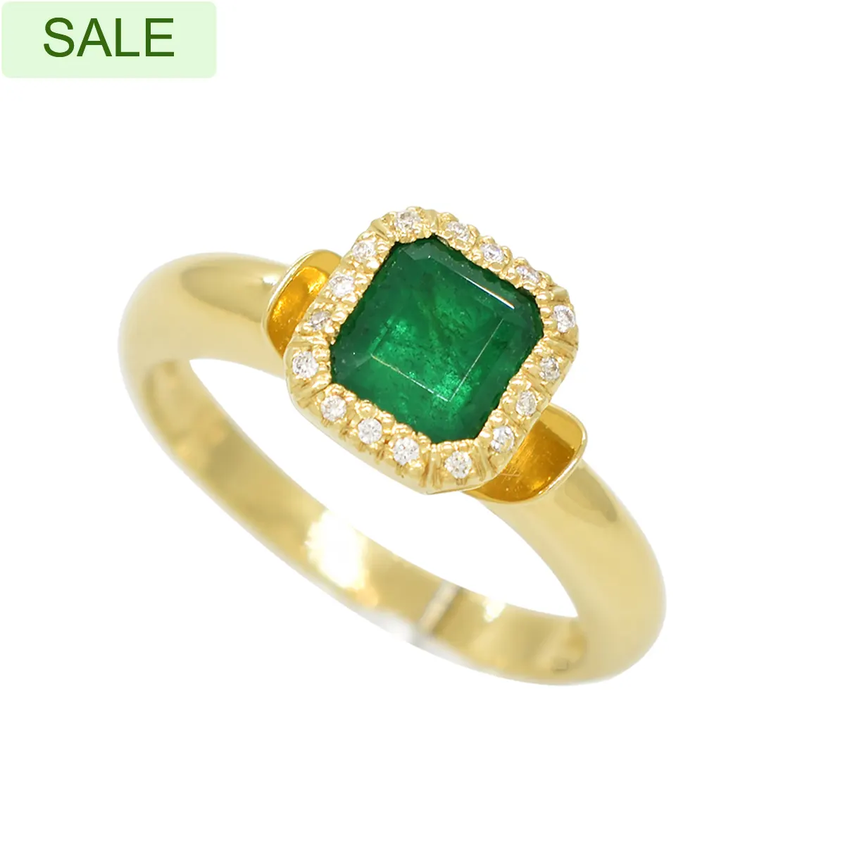Emerald Cut Emerald in 18K Yellow Gold Ring With Diamond Halo in Bezel Setting