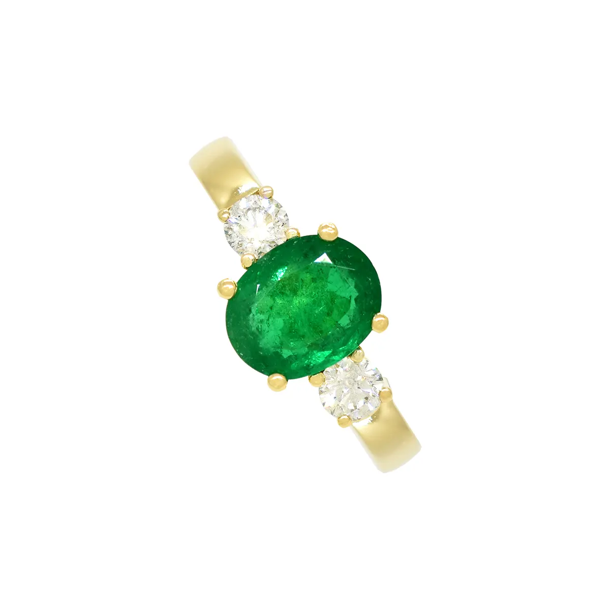 In this ring, two round-cut diamonds are flanking the emerald on each side. These diamonds are carefully chosen for their exceptional brilliance and fire