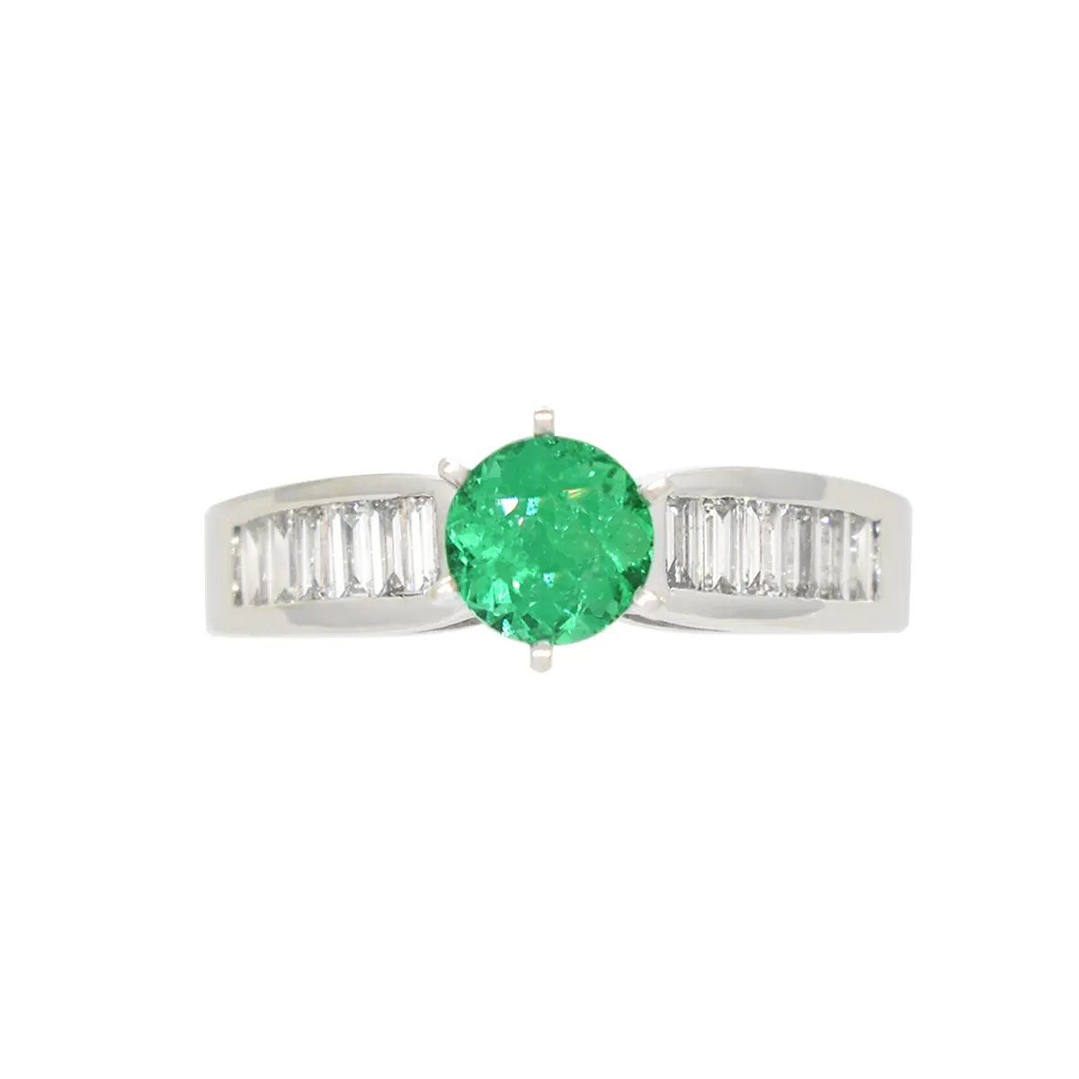 The emerald ring's centerpiece is a round-cut genuine emerald with a weight of 0.66 Ct. The emerald is carefully selected for its vibrant green color and clarity