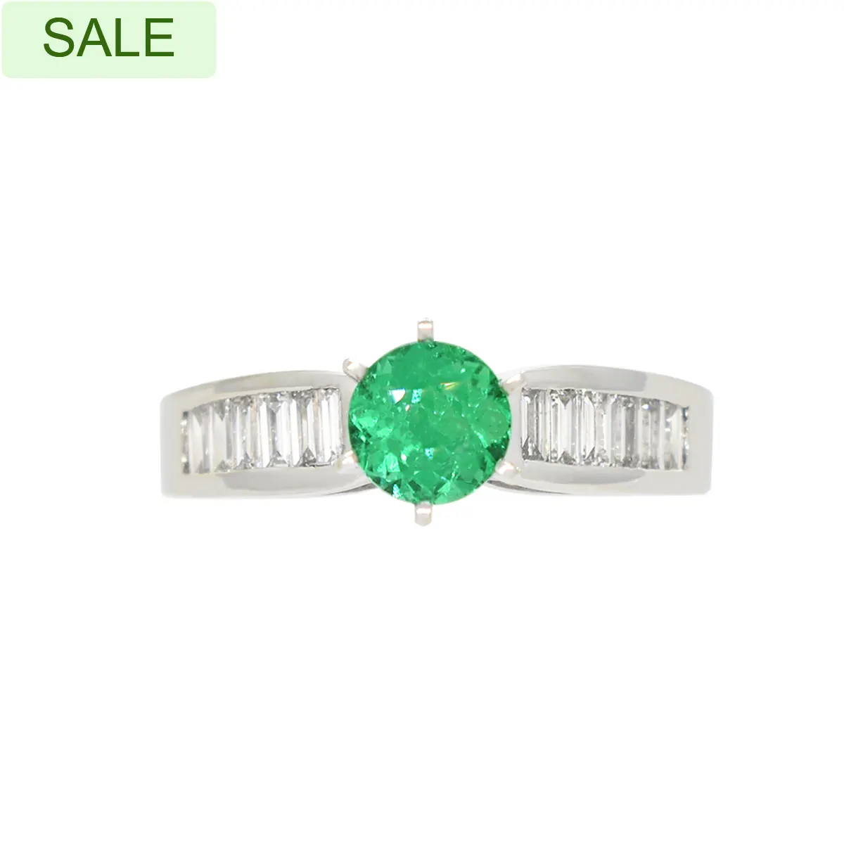 White Gold Emerald Engagement Ring With Round Natural Emerald and Baguette Cut Diamonds