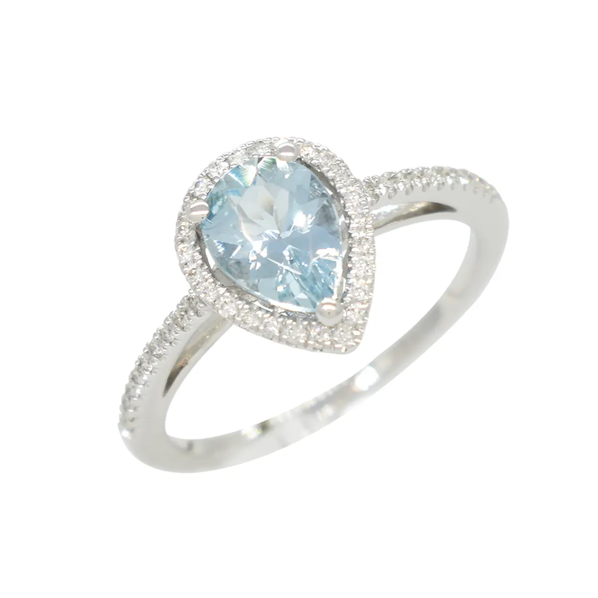 Pear Shape Aquamarine Ring with Round Diamonds in White Gold