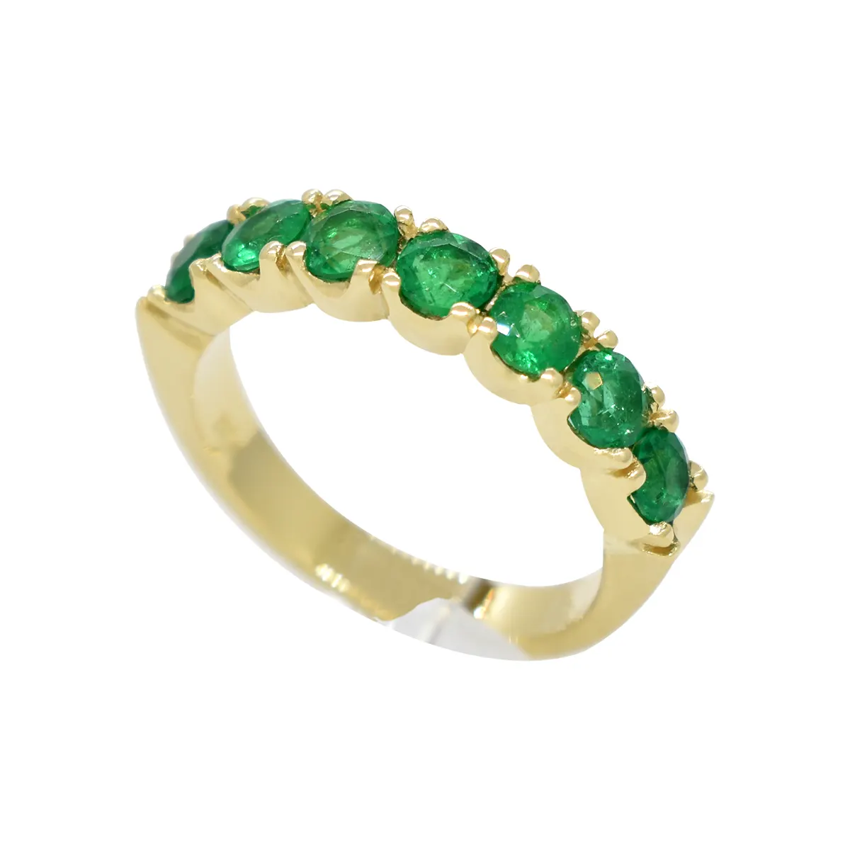 18K yellow gold emerald wedding band ring with 7 round cut natural Colombian emeralds in 0.96 Ct. t.w. classic prong setting