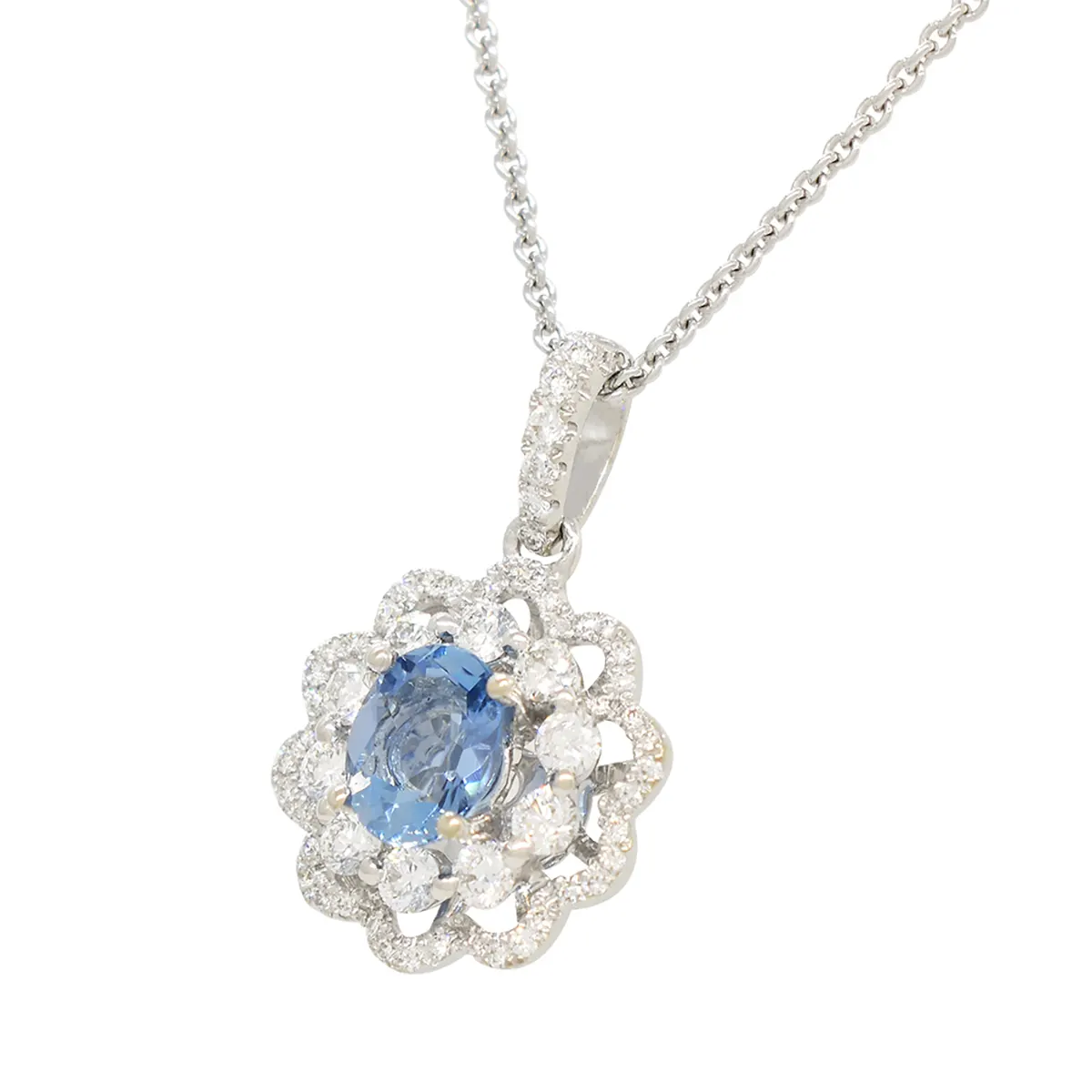 18K white gold aquamarine and diamond pendant necklace with oval shape high quality aquamarine and genuine round diamonds angle view
