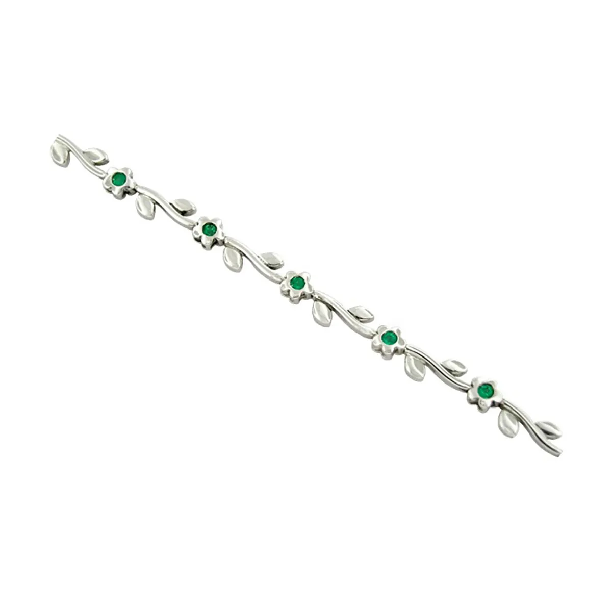 White gold emerald bracelet with 11 small round cut emeralds set in smooth bezel setting in the the center of flowers designs