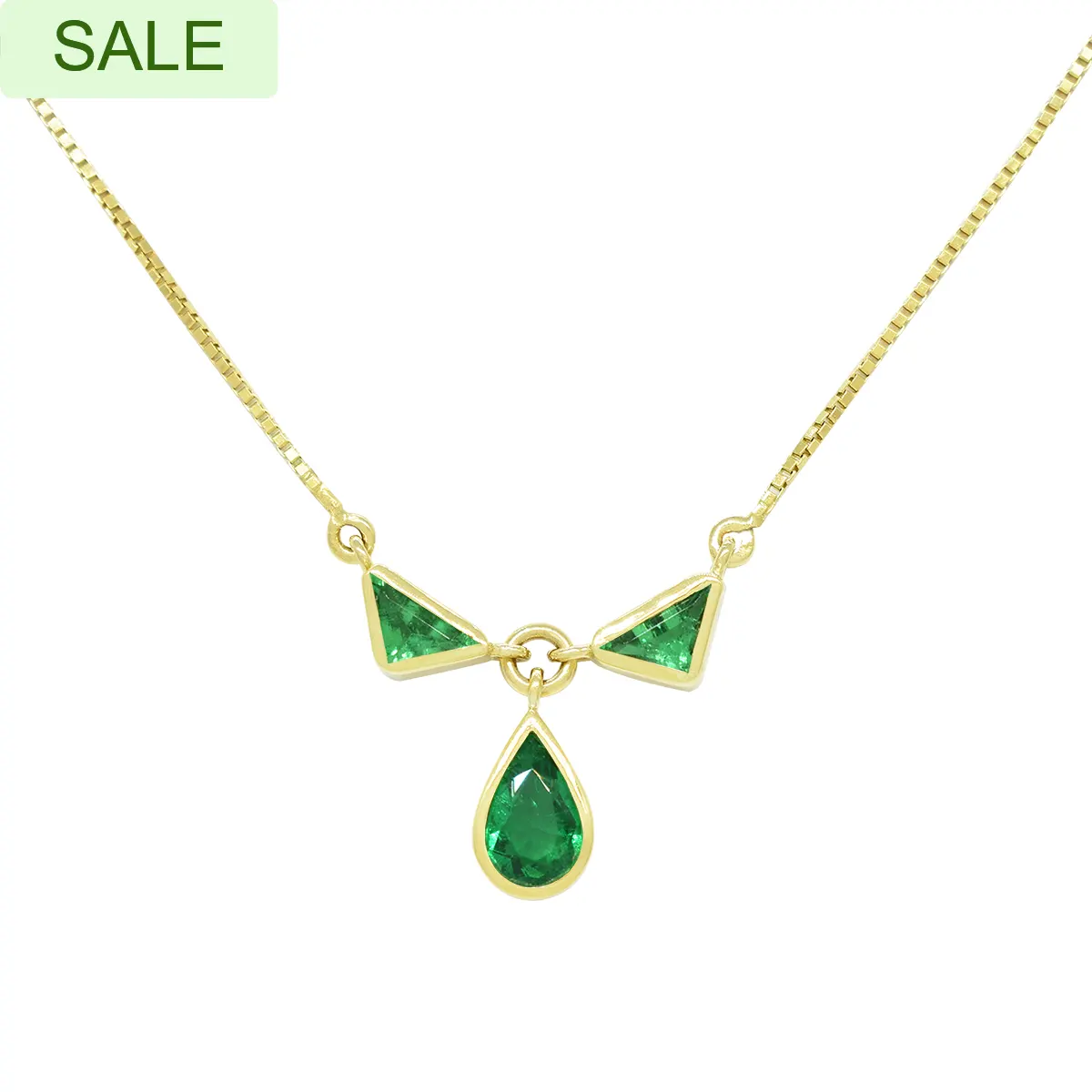 Emerald Necklace in 18K Yellow Gold Bezel Setting Triangle and Pear Shape Emeralds