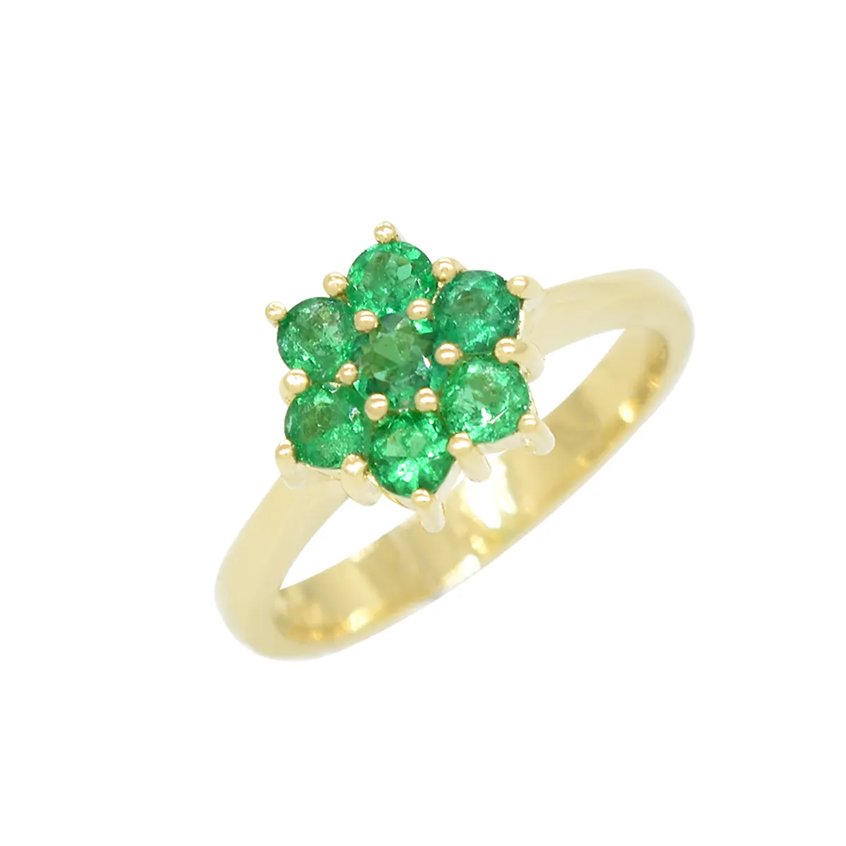 Cluster Ring in 18K Yellow Gold With 7 Round Cut Emeralds