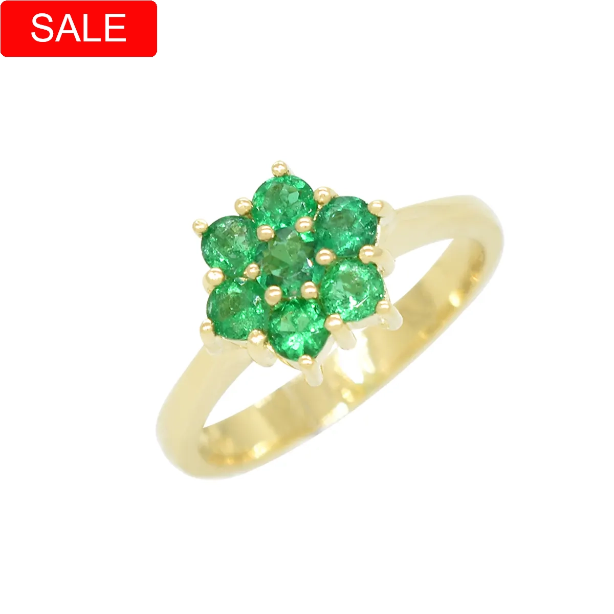 18K yellow gold cluster ring with 7 round cut natural Colombian emeralds in 0.65 Ct. t.w.