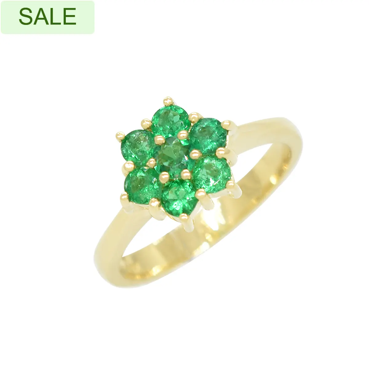 Cluster Ring in 18K Yellow Gold With 7 Round Cut Emeralds