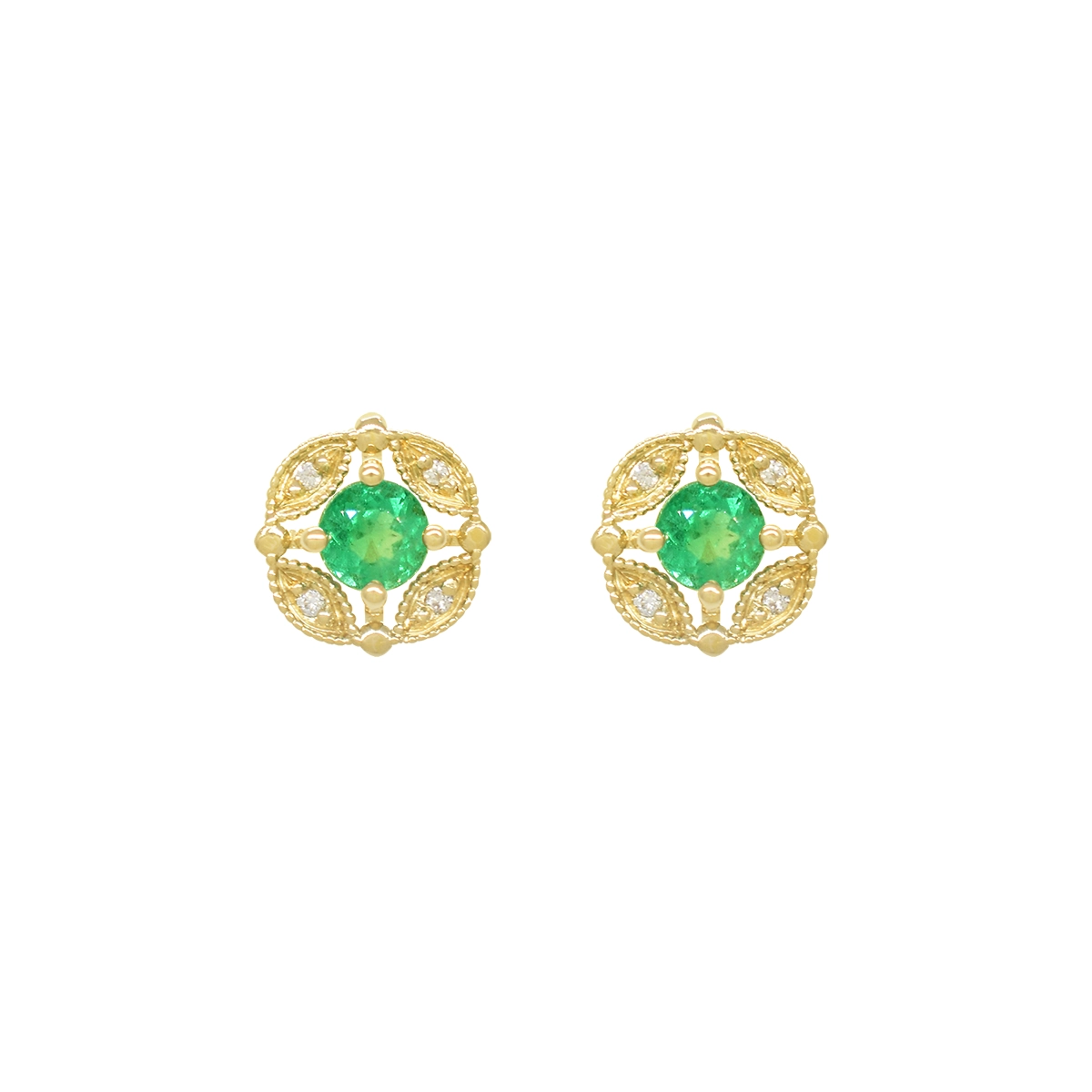 Emerald and diamond stud earrings in 18K yellow gold with two stunning round-cut natural Colombian emeralds weighing 0.36 carats in total and 8 round-cut diamonds weighing 0.04 carats