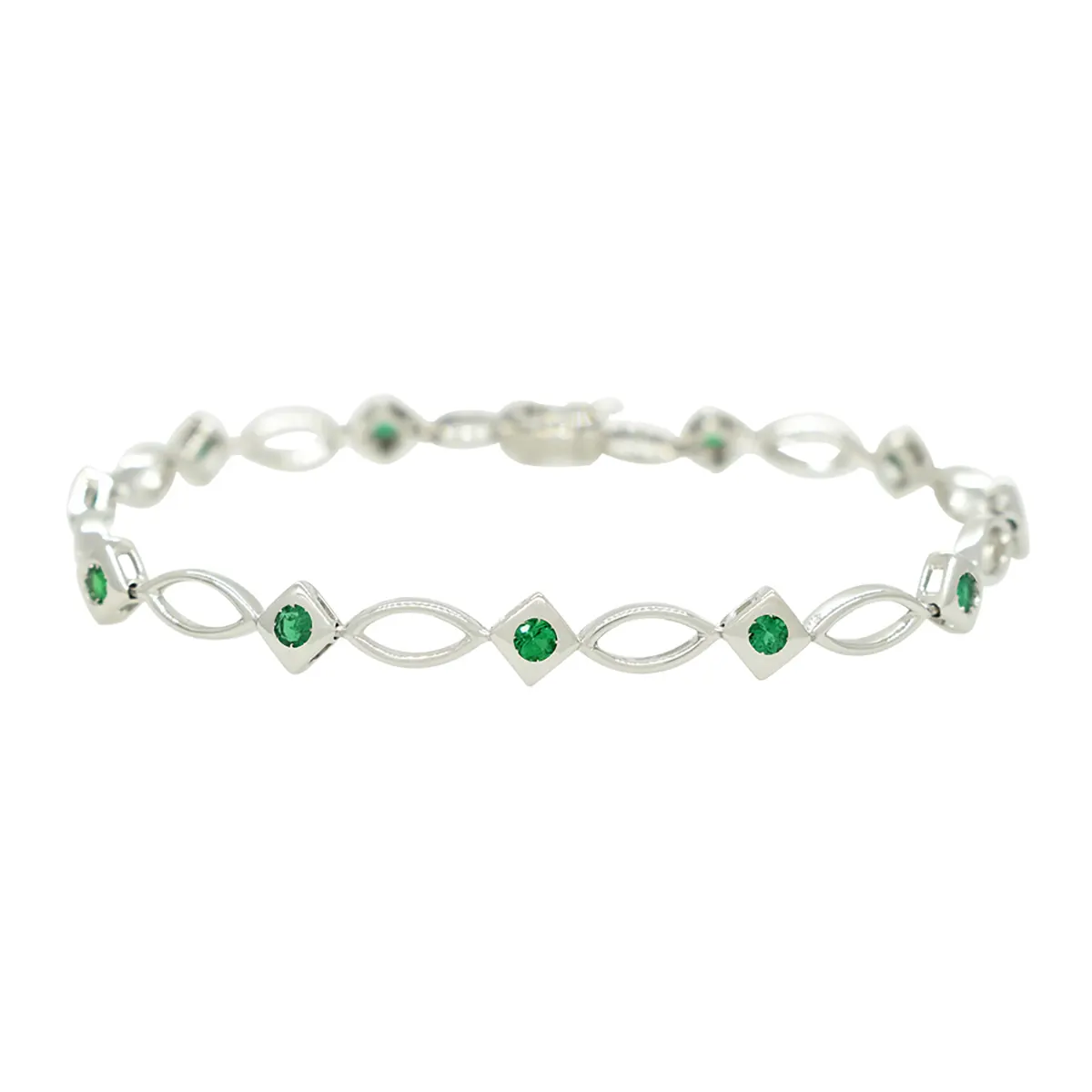 Emerald Bracelet in 18K White Gold With 11 Round Cut Natural Emeralds