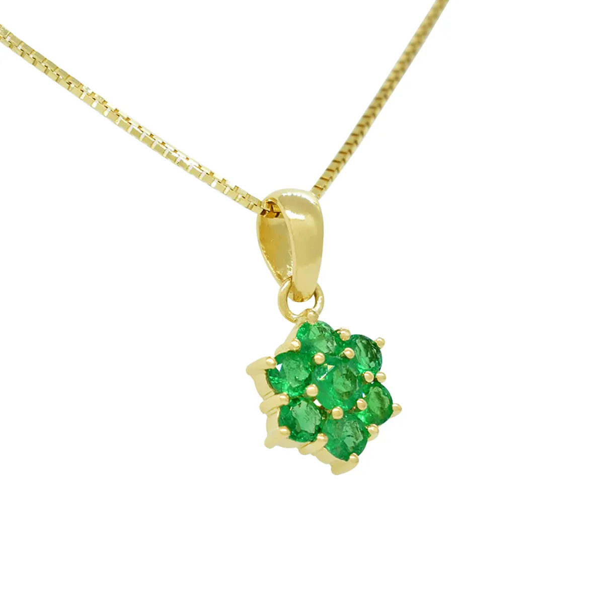 Flower Design Emerald Pendant in 18K Yellow Gold With 7 Round Emeralds