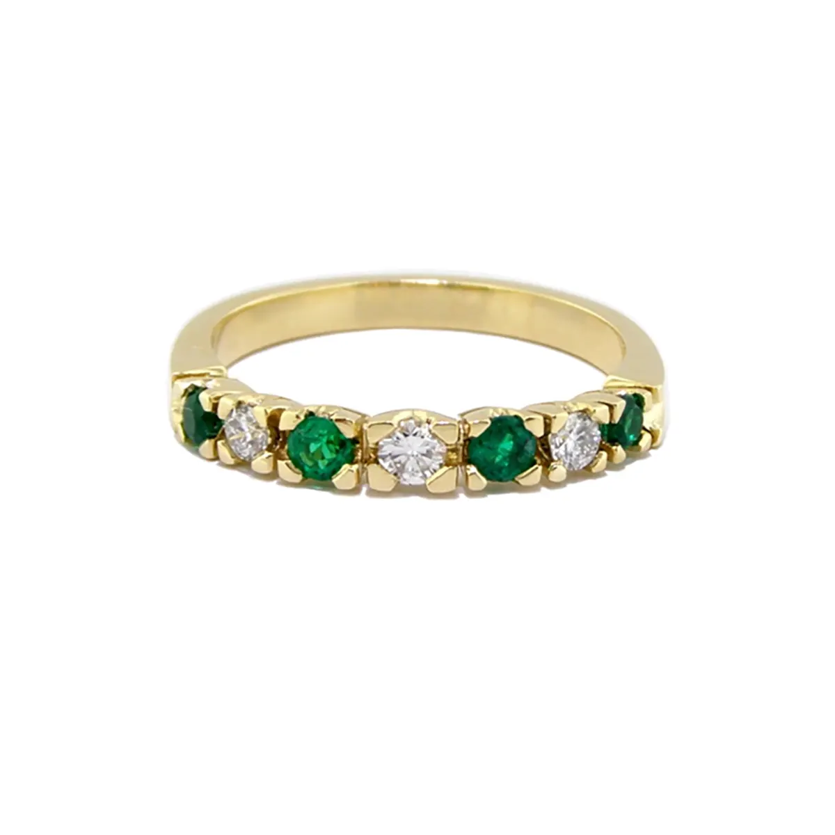 Half Eternity 7 Stone Diamond And Emerald Wedding Band Ring in 18K Gold