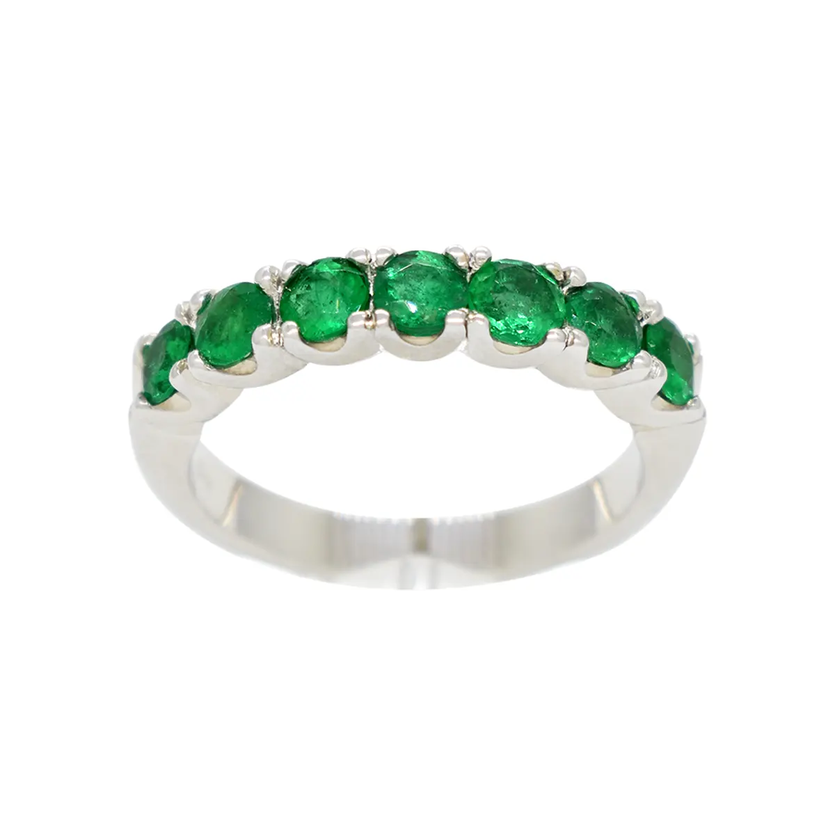 18K White Gold Half Eternity Wedding Band Ring with 7 Emeralds