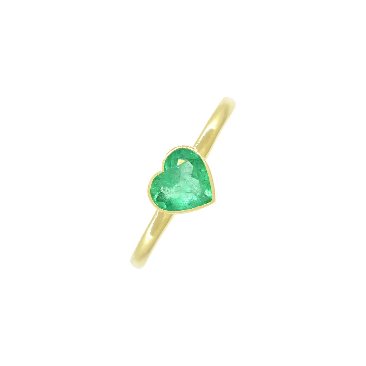 Heart-shaped emerald ring custom made in 18K yellow gold with 0.60 Ct. green genuine natural emerald in bezel setting