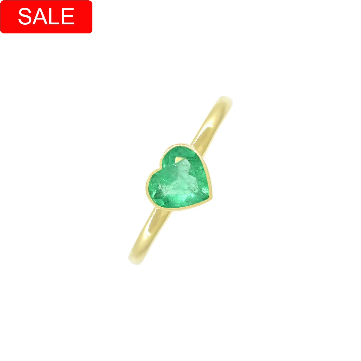 Heart-shaped emerald ring custom made in 18K yellow gold with 0.60 Ct. green genuine natural emerald in bezel setting