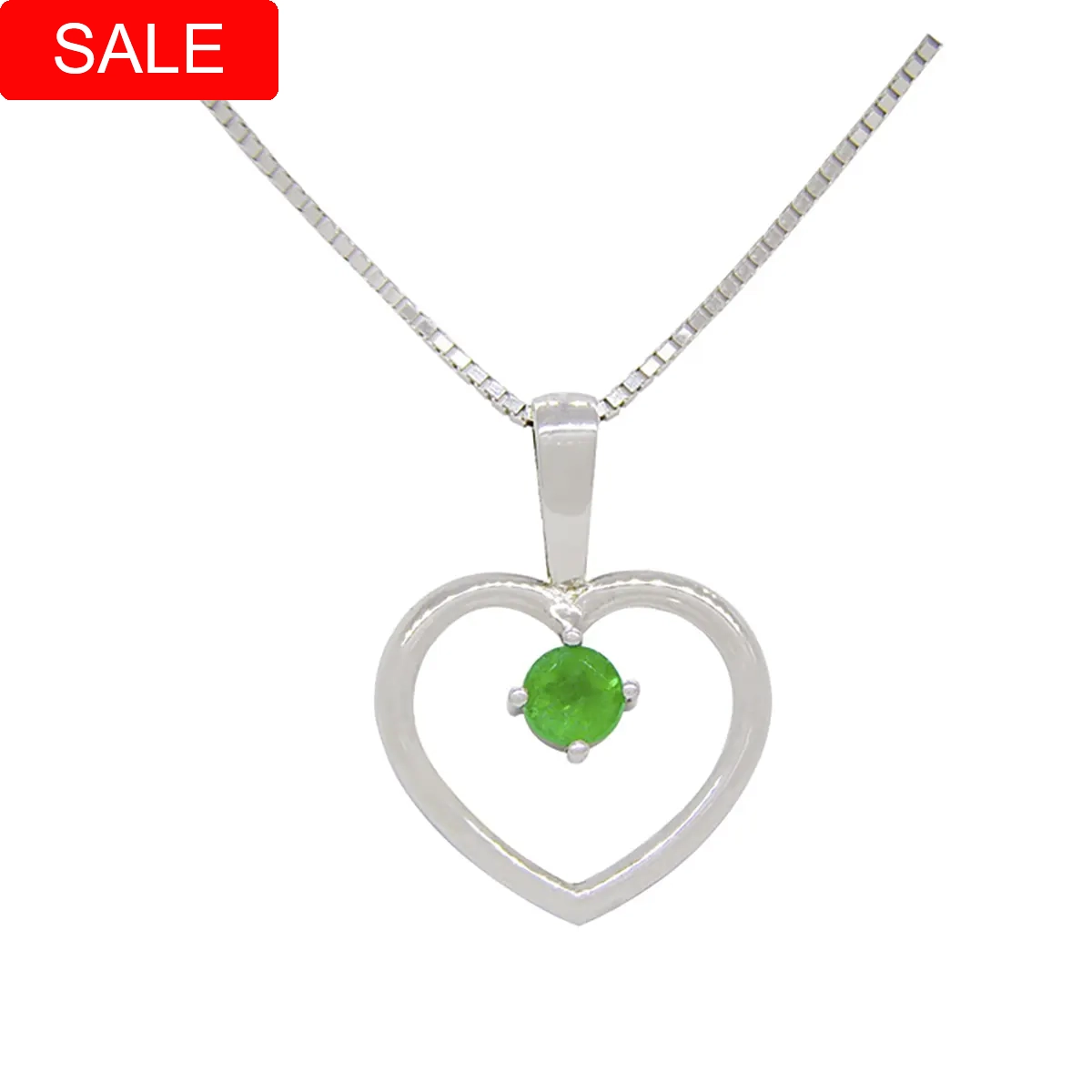Heart-shaped pendant necklace in silver with 0.24 Ct. round cut natural emerald set in prongs