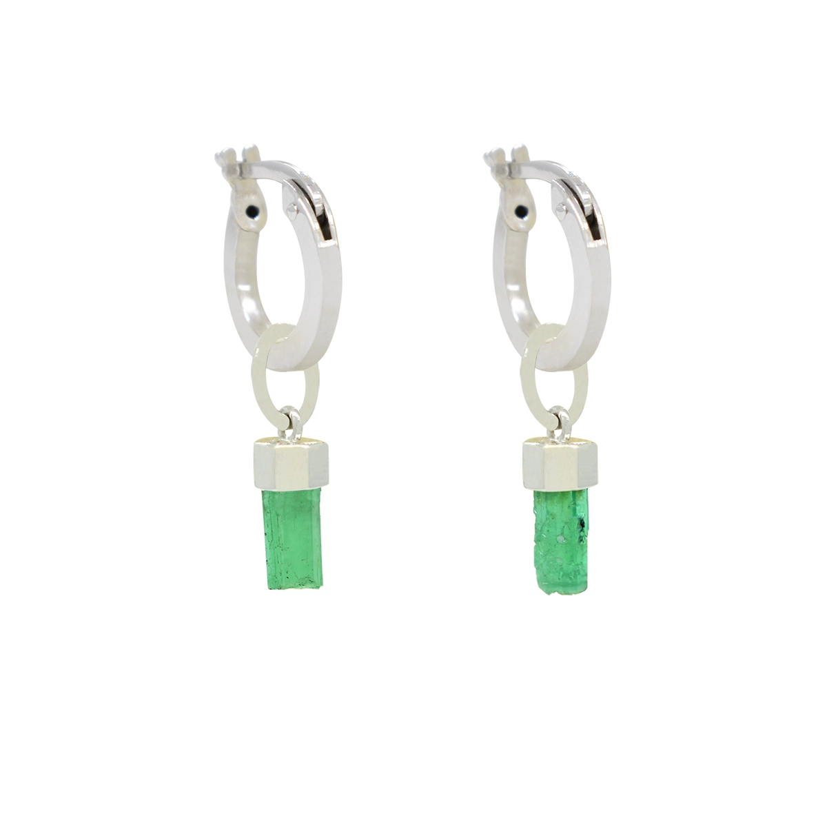 Uncut Natural Emeralds in 18K White Gold Hoop Earrings