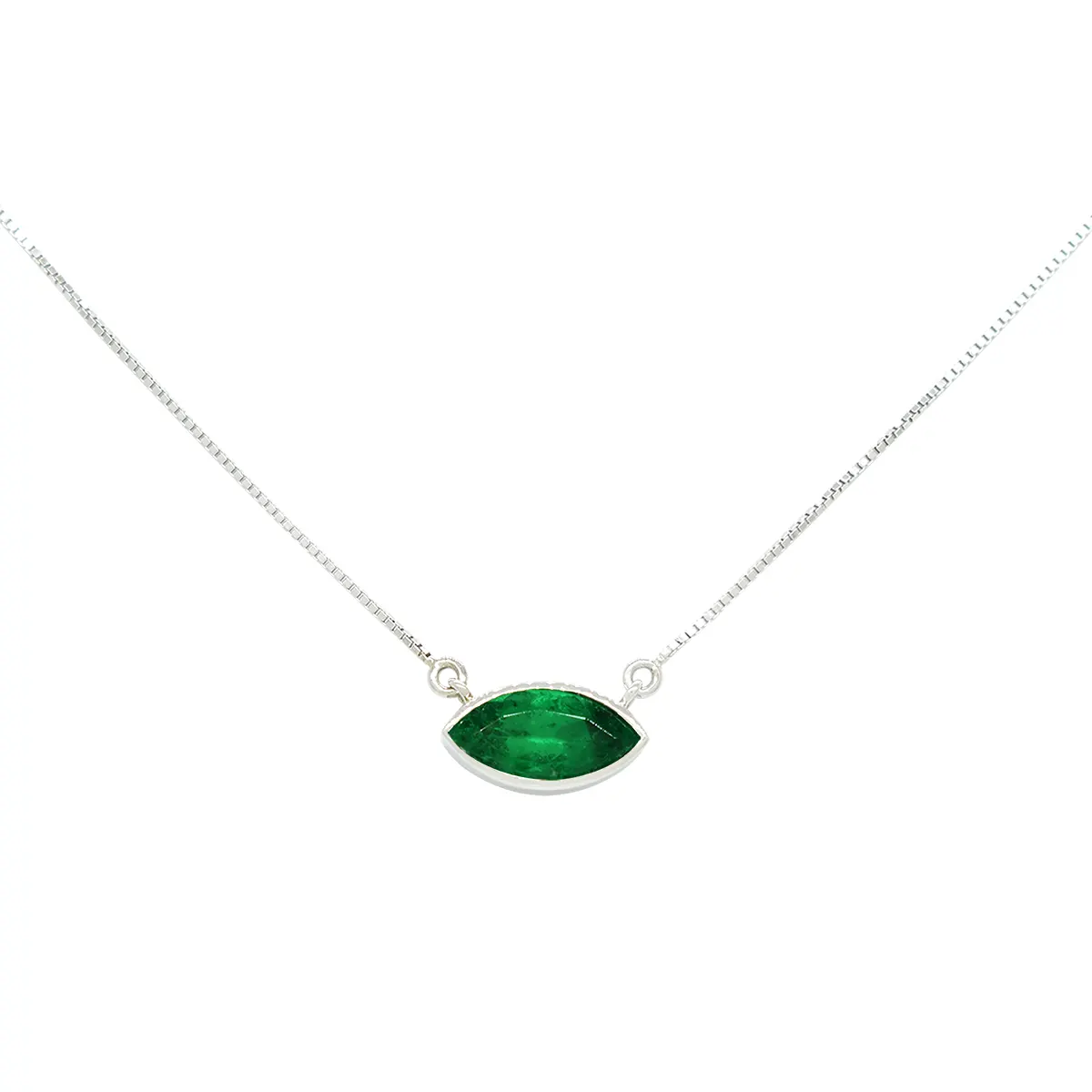 Marquise Shape Emerald Necklace in 18K White Gold Bezel Setting