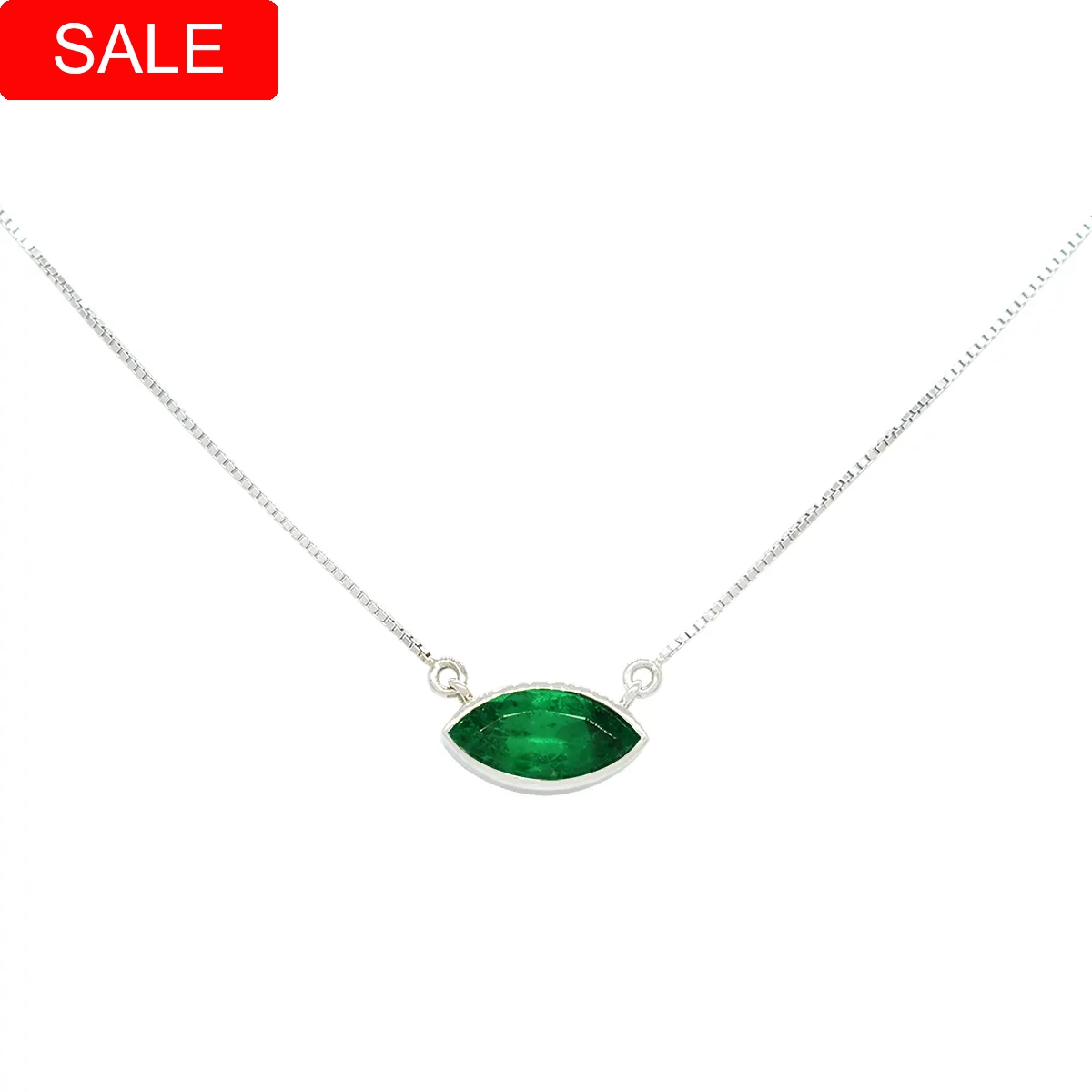 Emerald necklace in 18K white gold with a 0.70 Ct. weight dark green color marquise shape natural Colombian emerald set in delicate bezel setting