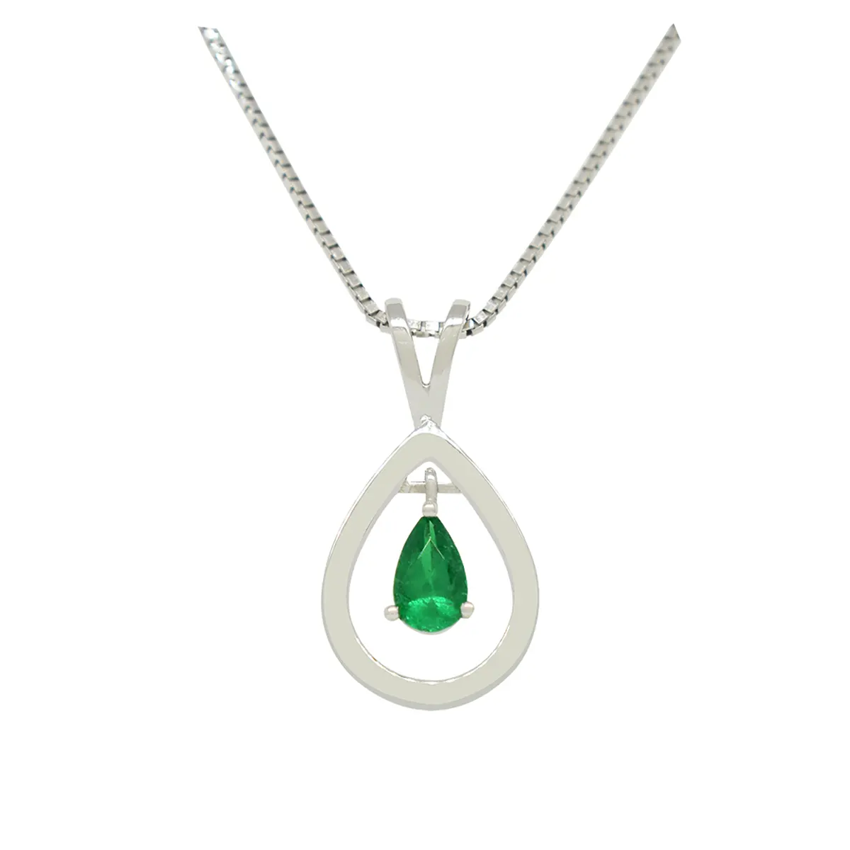 Emerald pendant custom made in18K white gold with a small 0.35 Ct. pear shape natural Colombian emerald that dangles in the middle of the piece